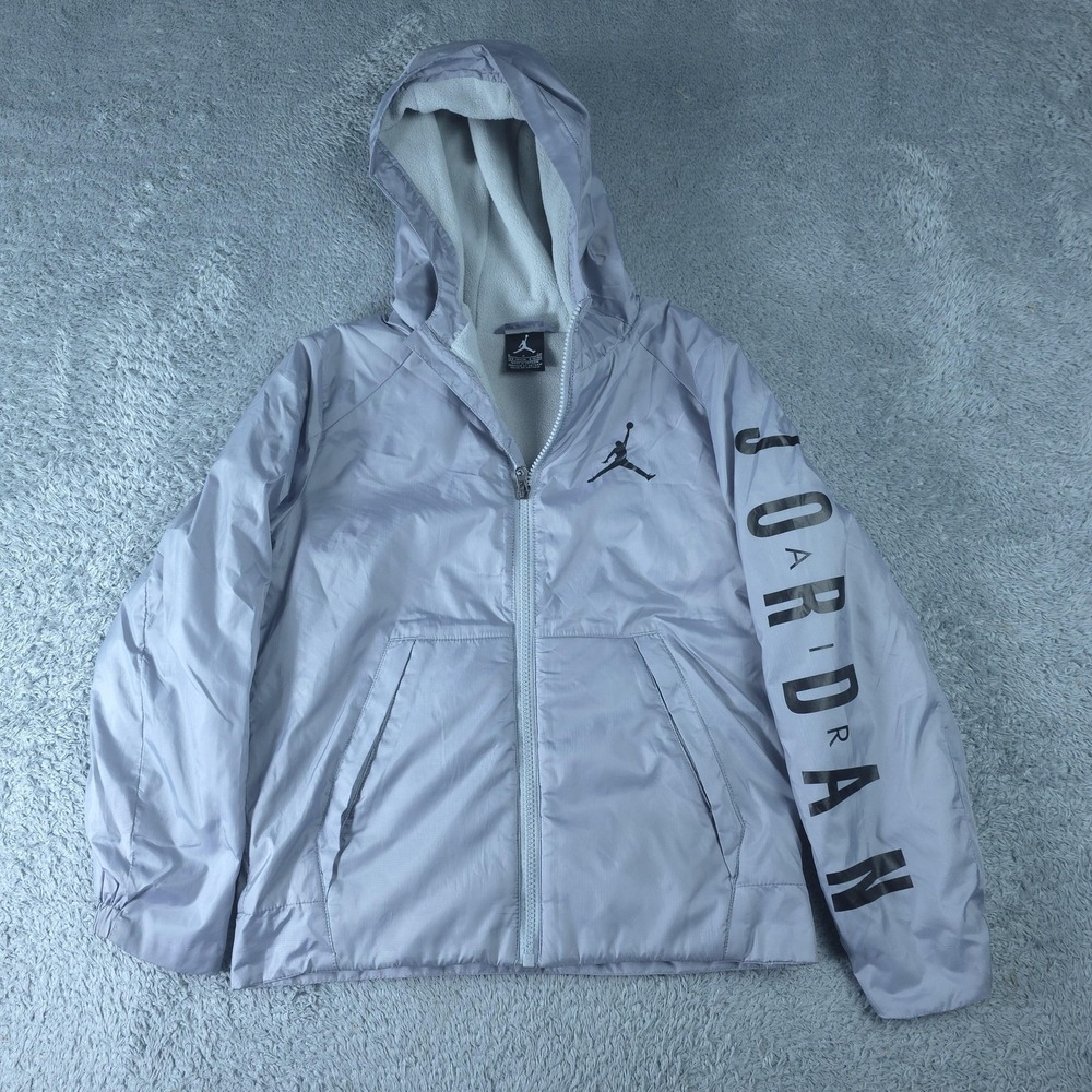 Jordan Jacket Youth 9-10 Gray Hooded Fleece Lined Zip Windbreaker Winter
